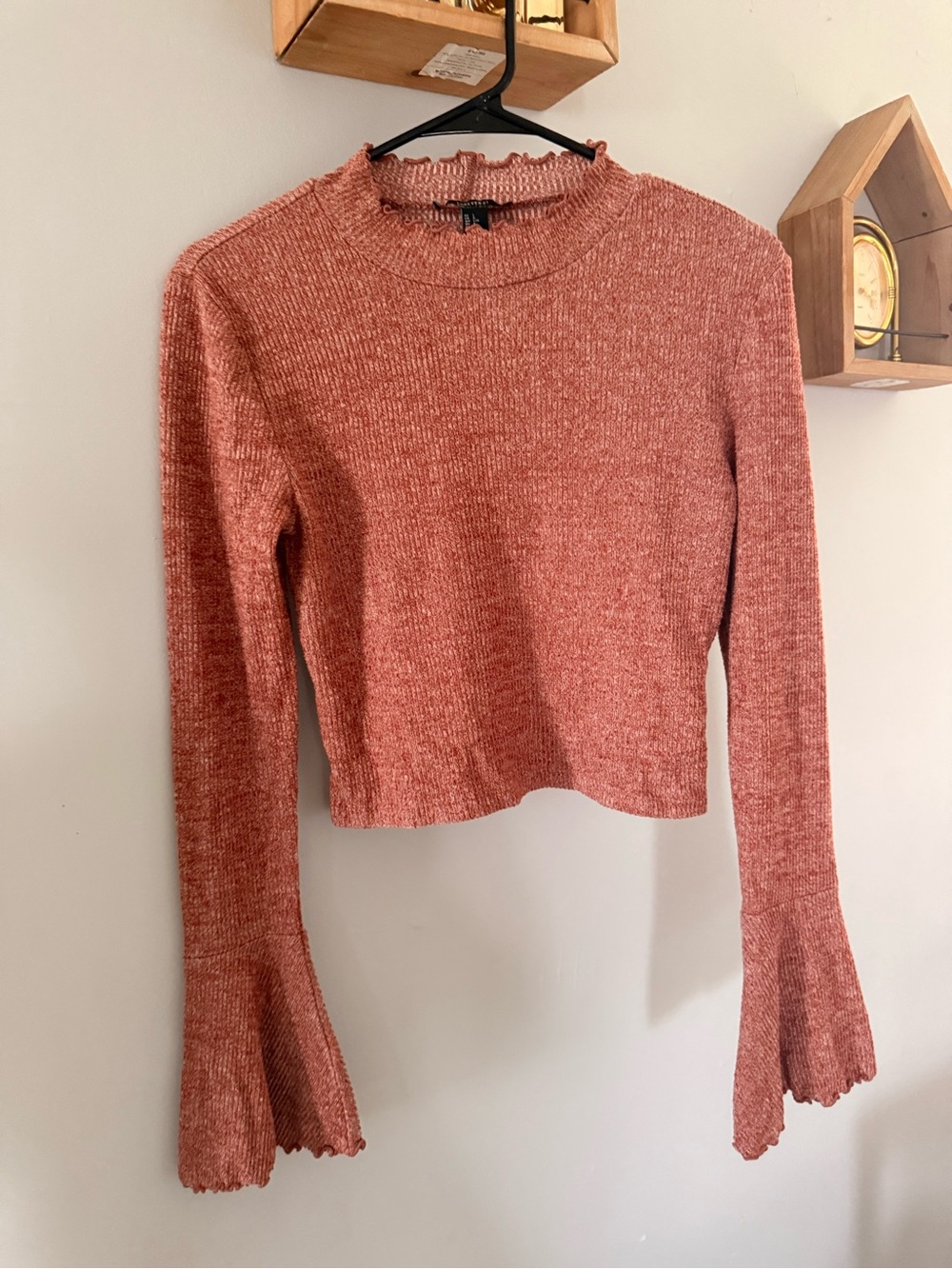 Women's Ribbed Knit Bell-Sleeve Sweater Top - Rust Pink